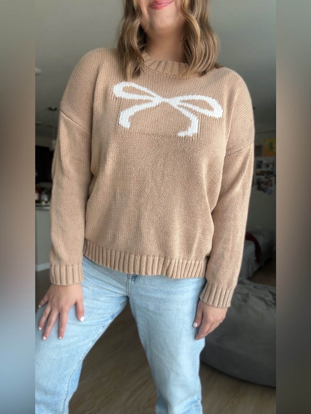 Sincerely Jules Beige Crewneck Sweater with White Bow